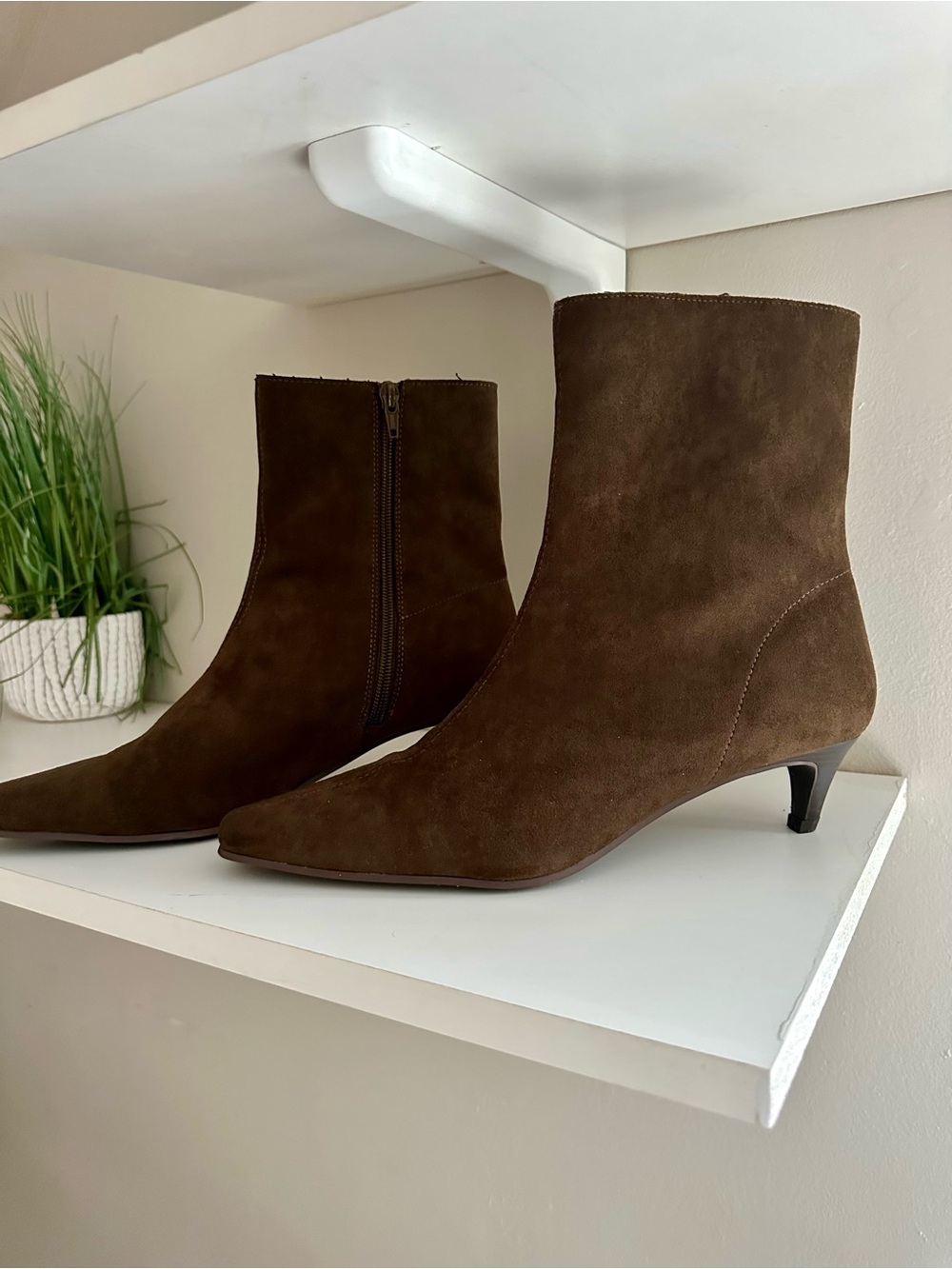 Brown Suede Pointed-Toe Kitten Heel Ankle Boots